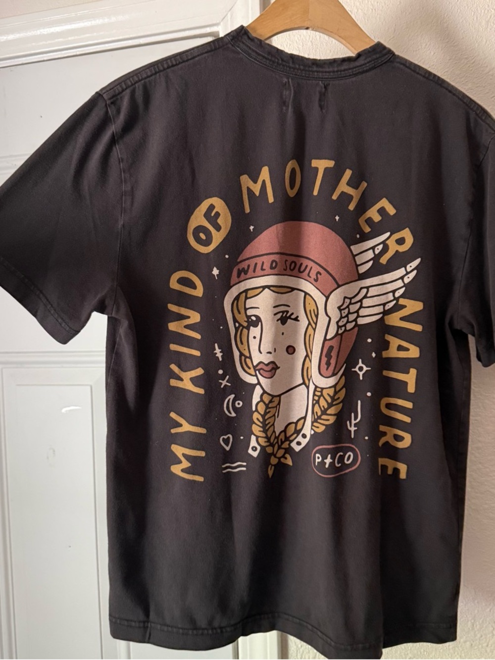 P&CO washed black graphic Mother Nature patch pocket crew neck tee t-shirt - Picture 4 of 7